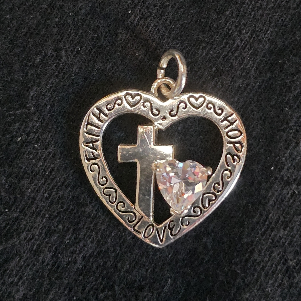 Silver Heart Pendant with Cross and Crystal Accent